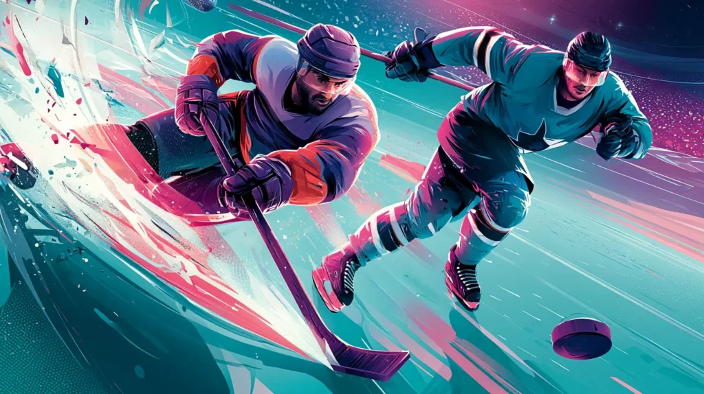 Lucha por el disco junto a la valla en hockey cuando dos jugadores cierran el espacio